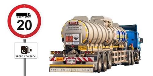Truck and a speed limit sign Logistics center with a strict 20 km/h speed limit
