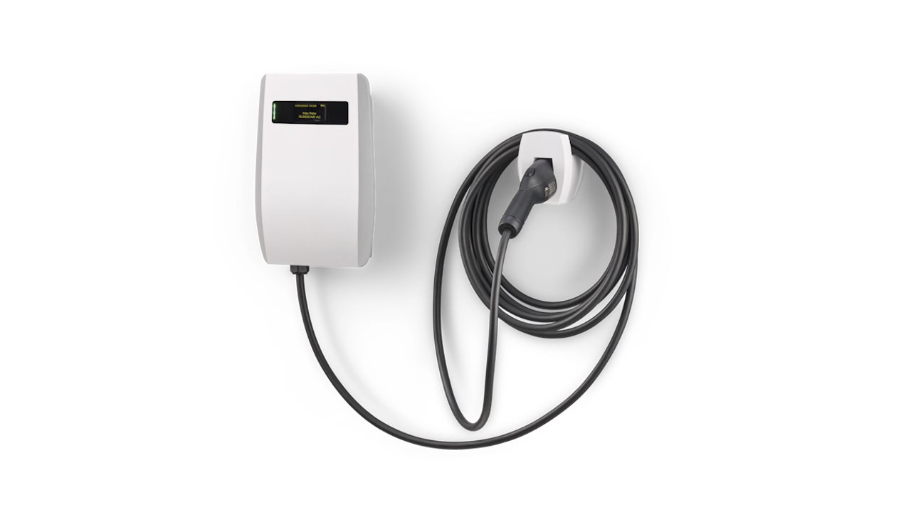 A New Made in the USA Level 2 EV charger with flexible amperage up to a maximum of 50A provides fast charging for all-electric vehicles.