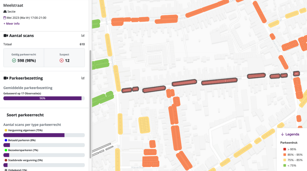 Map display of parking occupancy and -rights measured with the scan car.