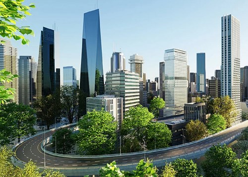 View of a City With a Road and Buildings