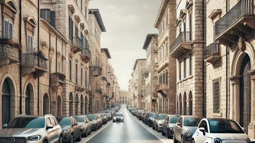 IoT sensors in Ascoli. Street with a car driving down it, with buildings and parked cars on both sides of it.